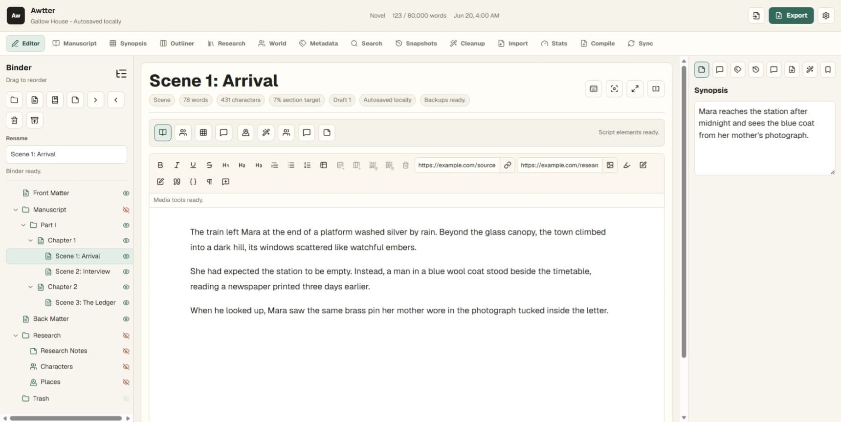 Awtter document editor with binder, writing canvas, and inspector panels